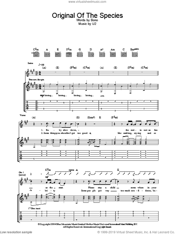 Original Of The Species sheet music for guitar (tablature) by U2 and Bono, intermediate skill level