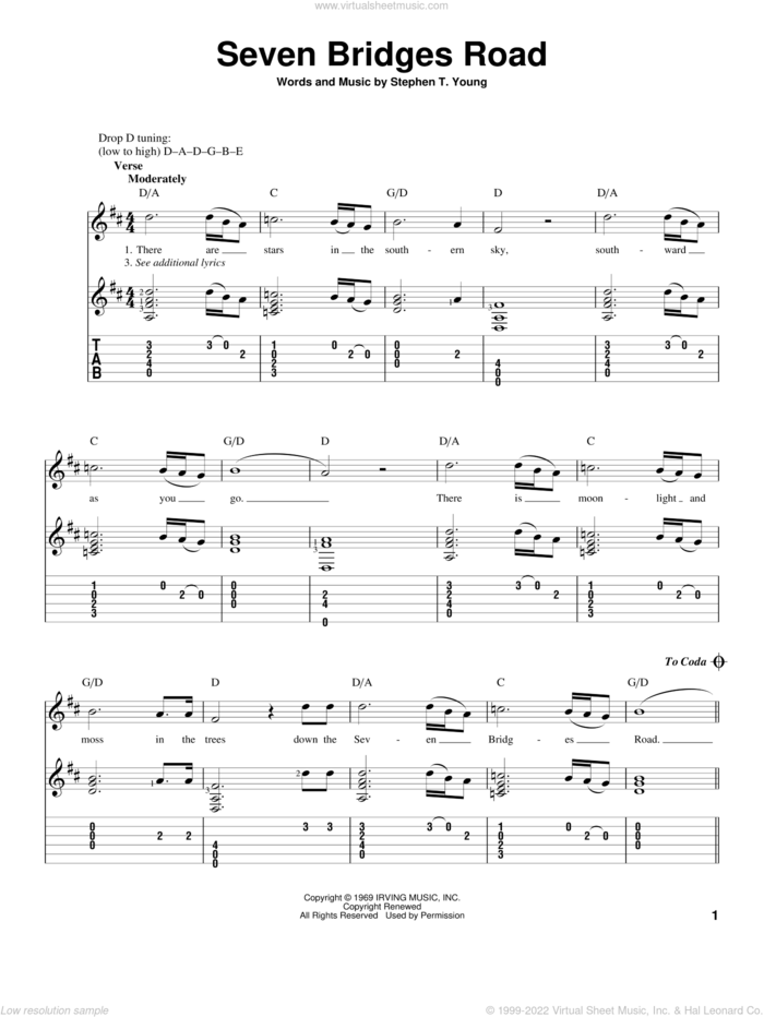 Seven Bridges Road sheet music for guitar solo by Stephen T. Young and The Eagles, intermediate skill level