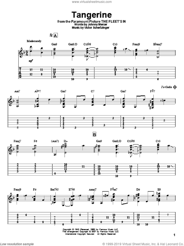 Tangerine sheet music for guitar solo by Johnny Mercer, Jeff Arnold and Victor Schertzinger, intermediate skill level