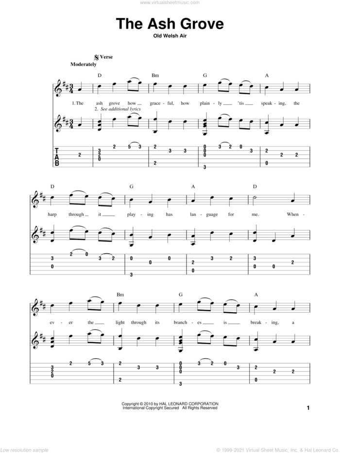 The Ash Grove sheet music for guitar solo by Old Welsh Air and Miscellaneous, intermediate skill level