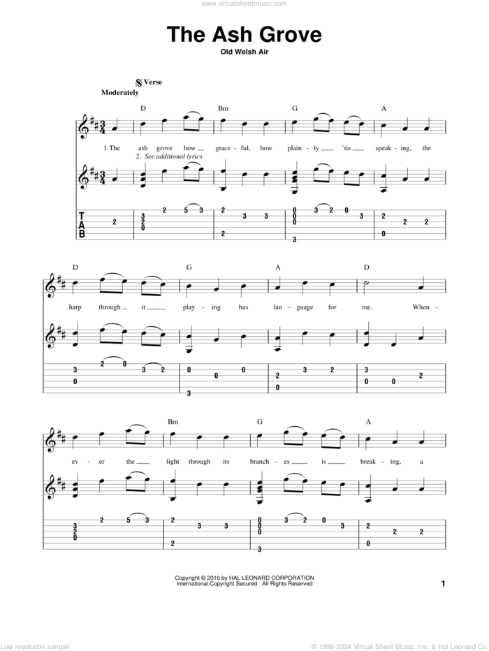 The Ash Grove sheet music for guitar solo by Old Welsh Air and Miscellaneous, intermediate skill level