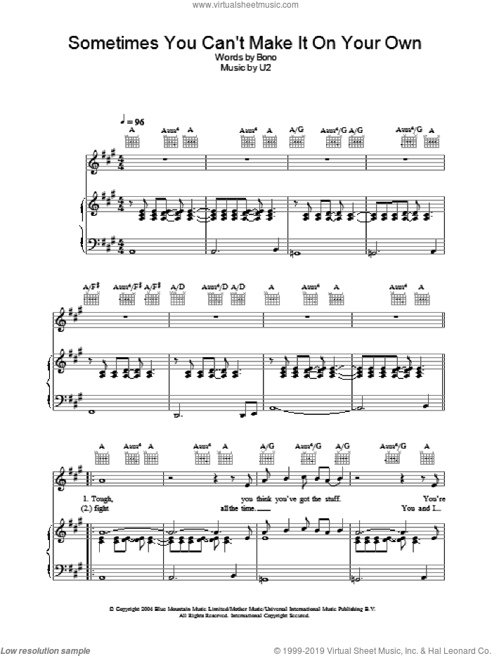 Sometimes You Can't Make It On Your Own sheet music for voice, piano or guitar by U2 and Bono, intermediate skill level