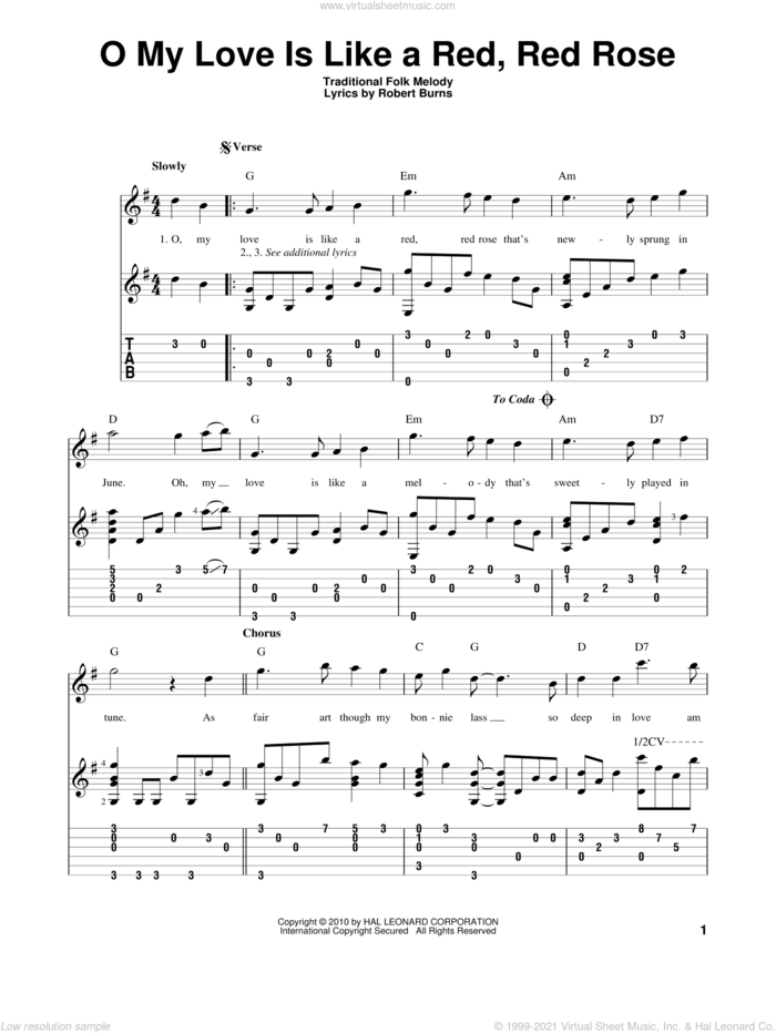 O My Love Is Like A Red, Red Rose sheet music for guitar solo by Robert Burns and Miscellaneous, intermediate skill level