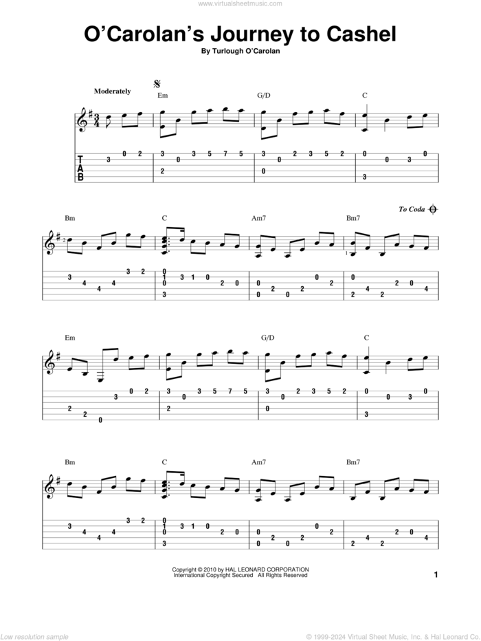 O'Carolan's Journey To Cashel sheet music for guitar solo by Turlough O'Carolan, intermediate skill level