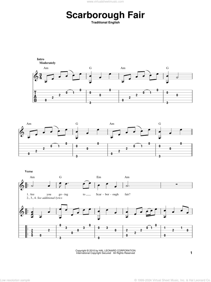 Scarborough Fair sheet music for guitar solo by Traditional English Ballad and Miscellaneous, intermediate skill level