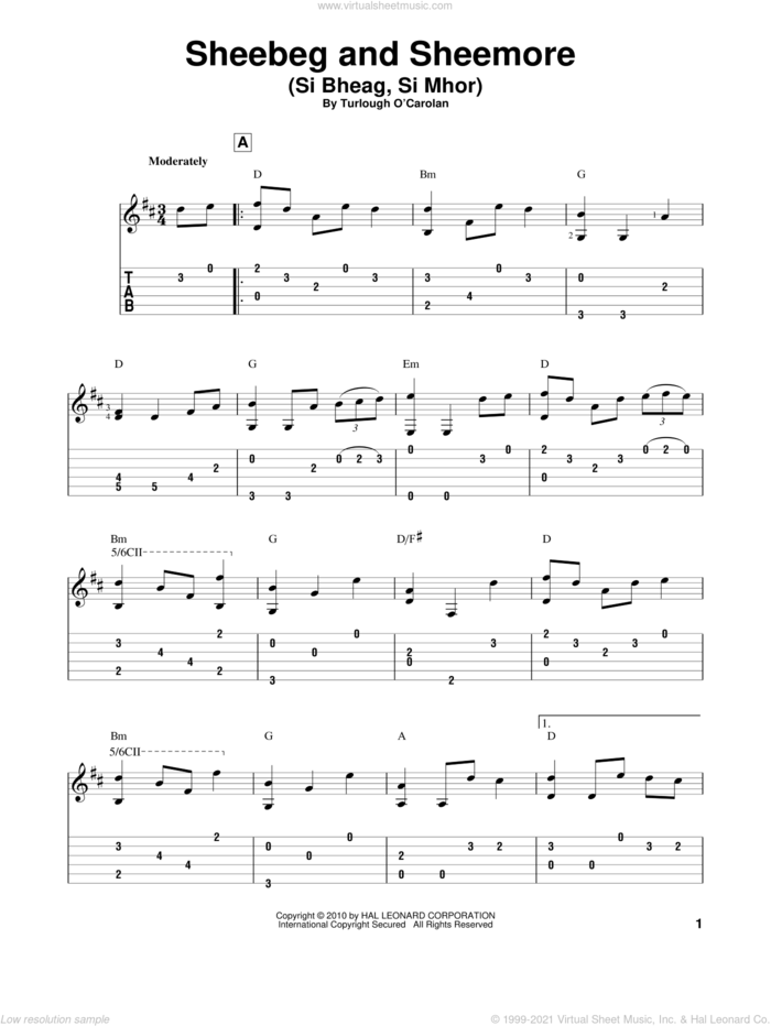 Sheebeg And Sheemore (Si Bheag, Si Mhor) sheet music for guitar solo by Turlough O'Carolan, intermediate skill level