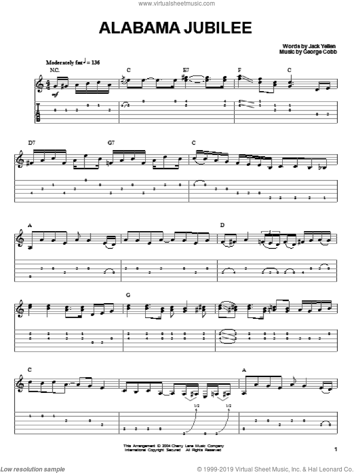 Alabama Jubilee sheet music for guitar solo by George L. Cobb, Ferco String Band, Scott Fore and Jack Yellen, intermediate skill level