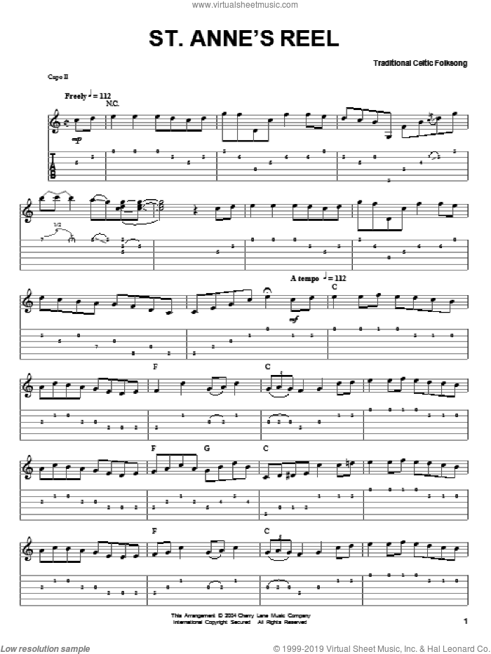 St. Anne's Reel sheet music for guitar solo by Traditional Celtic Folksong, intermediate skill level