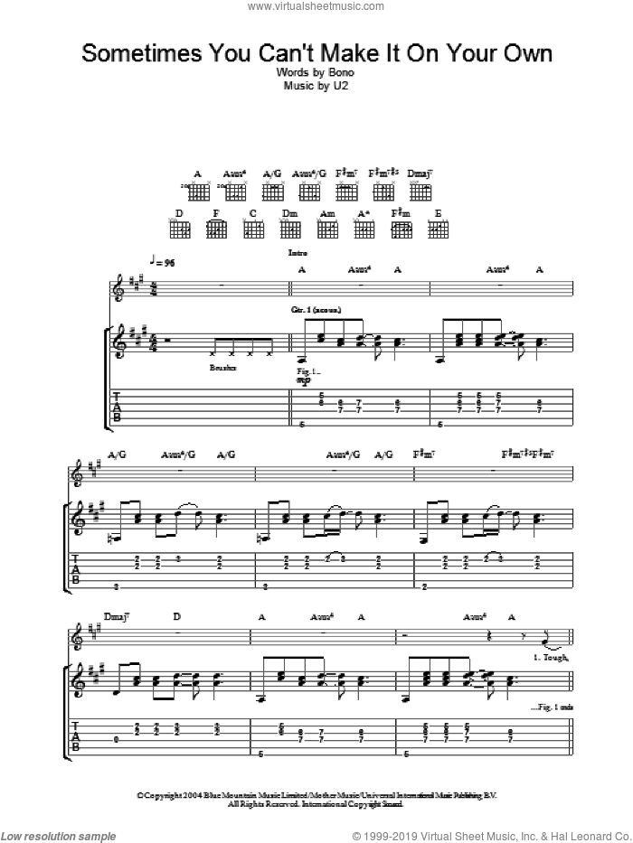 Sometimes You Can't Make It On Your Own sheet music for guitar (tablature) by U2 and Bono, intermediate skill level