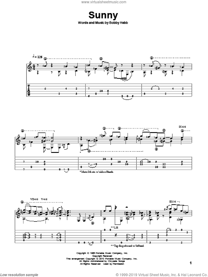 Sunny sheet music for guitar solo by Bobby Hebb, intermediate skill level