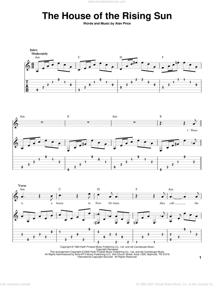 The House Of The Rising Sun, (intermediate) sheet music for guitar solo by The Animals and Alan Price, intermediate skill level