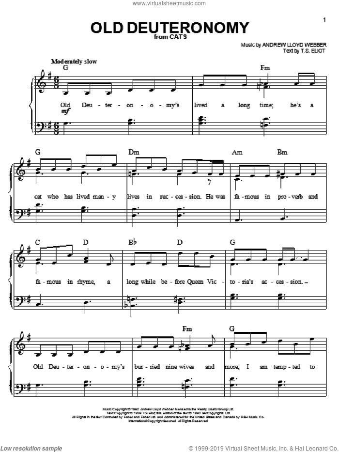 Old Deuteronomy (from Cats) sheet music for piano solo by Andrew Lloyd Webber, Cats (Musical) and T.S. Eliot, easy skill level
