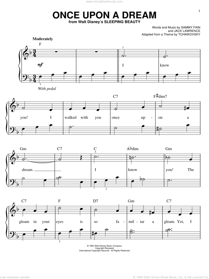 Once Upon A Dream, (easy) sheet music for piano solo by Sammy Fain and Jack Lawrence, easy skill level