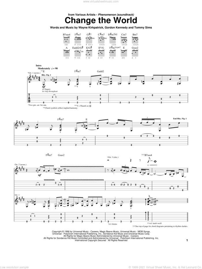 Change The World sheet music for guitar (tablature) by Eric Clapton, Wynonna, Gordon Kennedy, Tommy Sims and Wayne Kirkpatrick, intermediate skill level