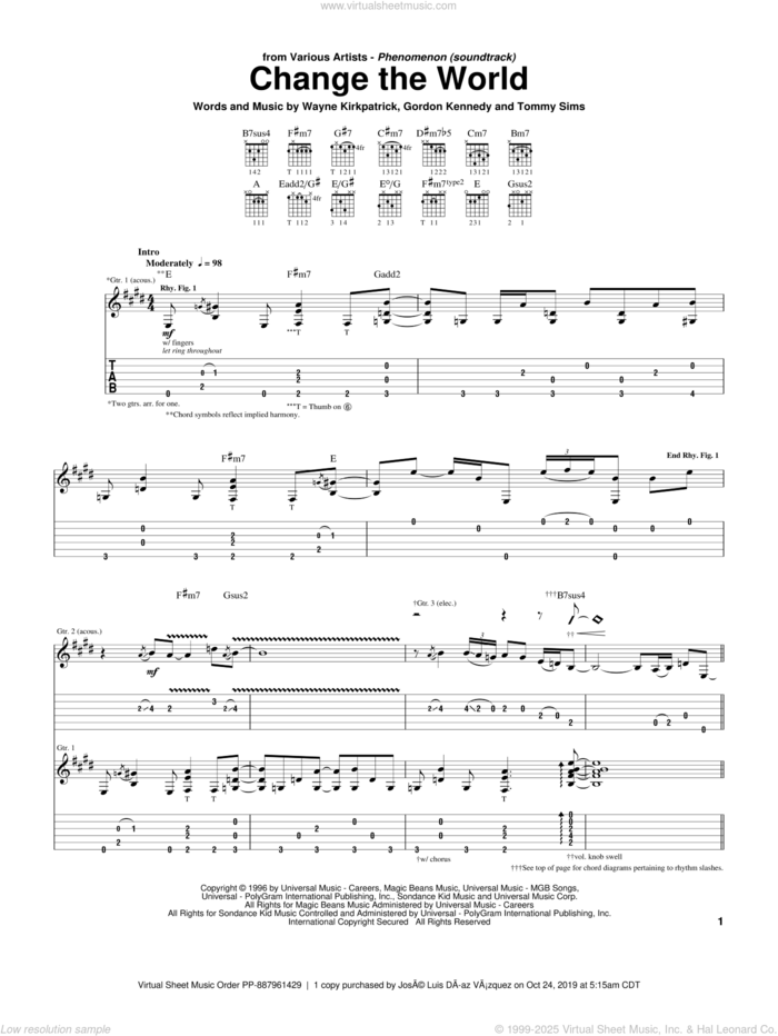 Change The World sheet music for guitar (tablature) by Eric Clapton, Wynonna, Gordon Kennedy, Tommy Sims and Wayne Kirkpatrick, intermediate skill level