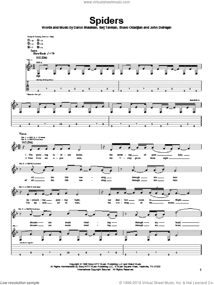 Spiders sheet music for guitar (tablature) by System Of A Down, Daron Malakian, John Dolmayan, Serj Tankian and Shavo Odadjian, intermediate skill level