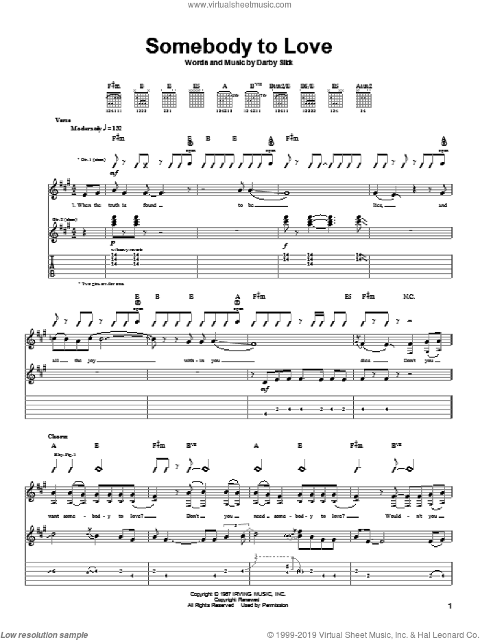 Somebody To Love sheet music for guitar (tablature) by Jefferson Airplane and Darby Slick, intermediate skill level