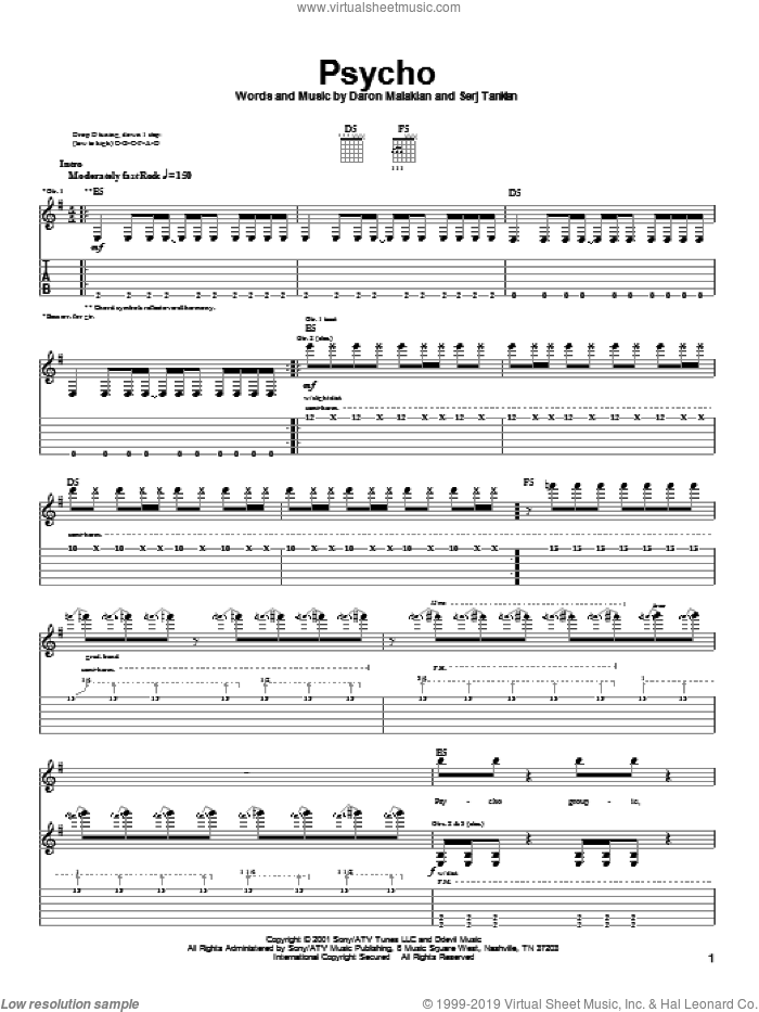 Psycho sheet music for guitar (tablature) by System Of A Down, Daron Malakian and Serj Tankian, intermediate skill level