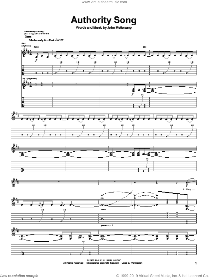 Authority Song sheet music for guitar (tablature) by John Mellencamp, intermediate skill level