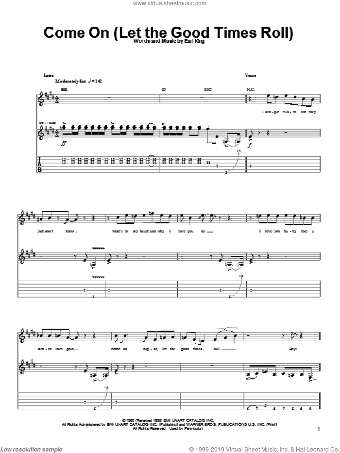 Come On (Part 1) sheet music for guitar (tablature) by Jimi Hendrix and Earl King, intermediate skill level