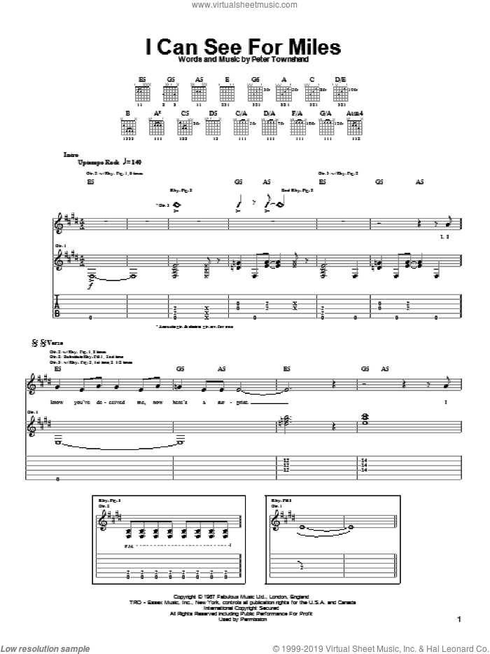 I Can See For Miles sheet music for guitar (tablature) by The Who and Pete Townshend, intermediate skill level