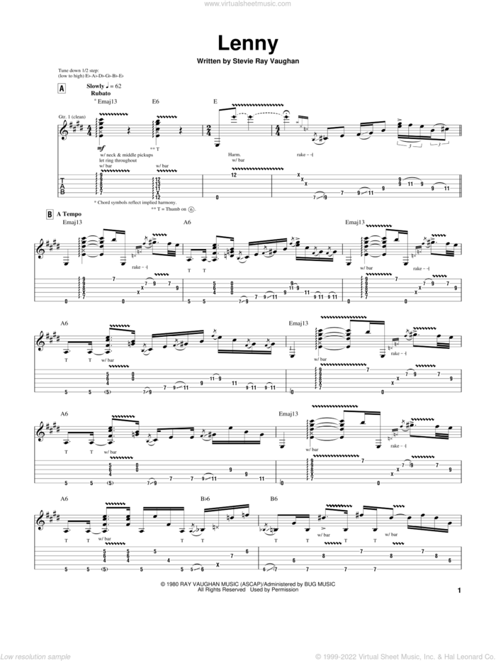 Lenny sheet music for guitar (tablature) by Stevie Ray Vaughan, intermediate skill level