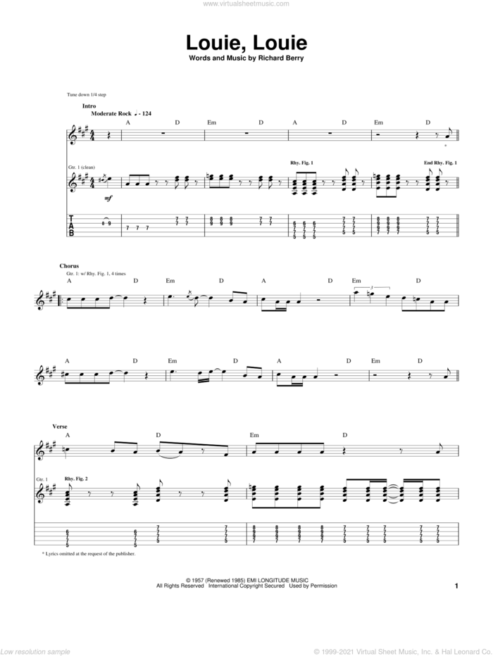 Louie, Louie sheet music for guitar (tablature) by The Kingsmen and Richard Berry, intermediate skill level