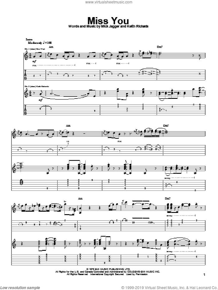 Miss You sheet music for guitar (tablature) by The Rolling Stones, Keith Richards and Mick Jagger, intermediate skill level