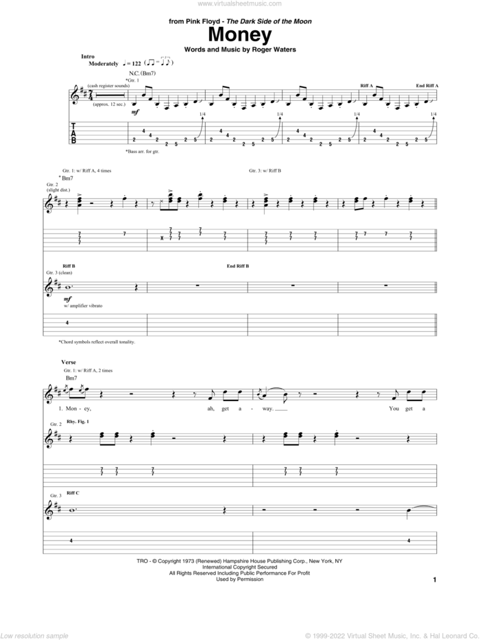 Money sheet music for guitar (tablature) by Pink Floyd and Roger Waters, intermediate skill level
