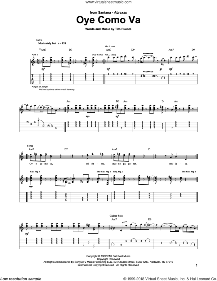 Oye Como Va sheet music for guitar (tablature) by Tito Puente and Carlos Santana, intermediate skill level