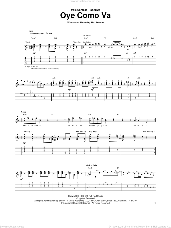 Oye Como Va sheet music for guitar (tablature) by Tito Puente and Carlos Santana, intermediate skill level