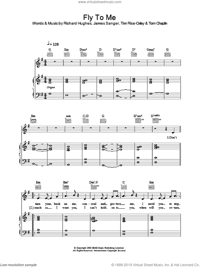 Fly To Me sheet music for voice, piano or guitar by Tim Rice-Oxley, James Sanger and Richard Hughes, intermediate skill level