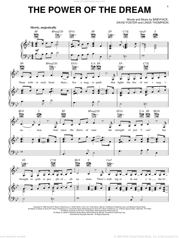 The Power Of The Dream sheet music for voice, piano or guitar by Celine Dion, Babyface, David Foster and Linda Thompson, intermediate skill level