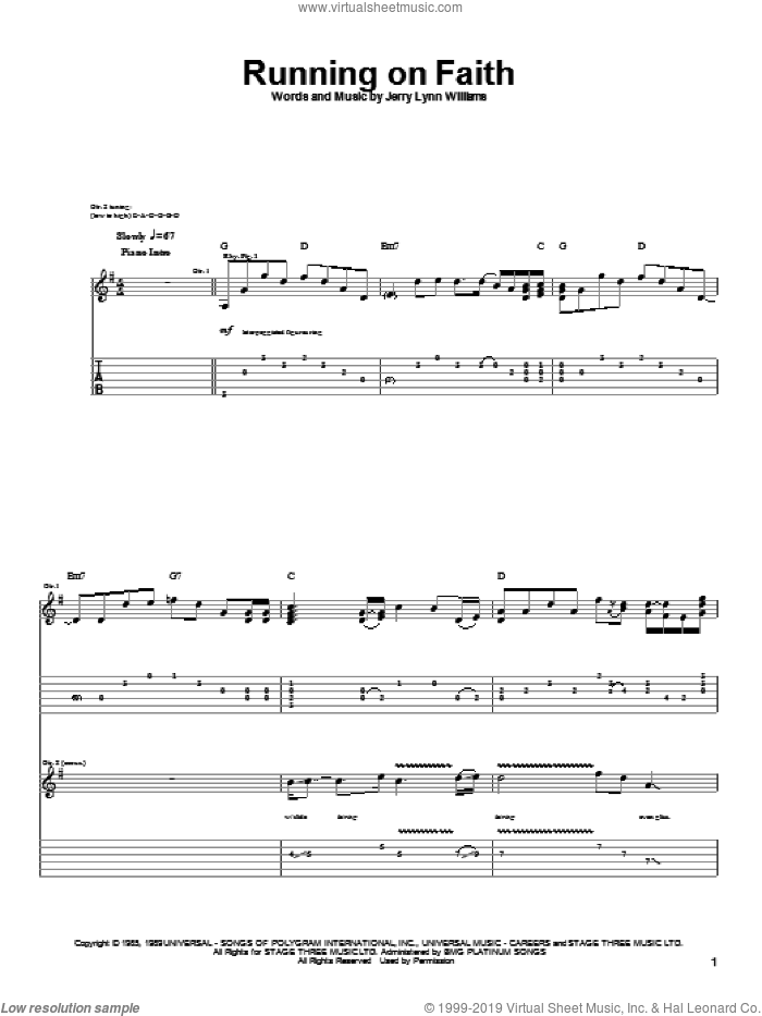 Running On Faith sheet music for guitar (tablature) by Eric Clapton and Jerry Lynn Williams, intermediate skill level