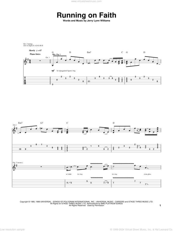 Running On Faith sheet music for guitar (tablature) by Eric Clapton and Jerry Lynn Williams, intermediate skill level