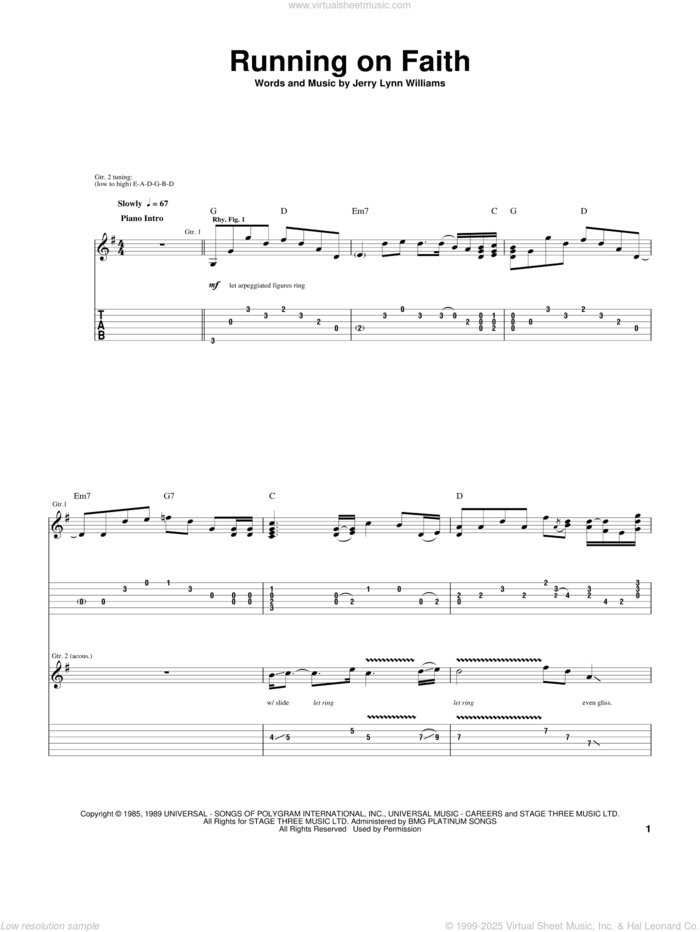 Running On Faith sheet music for guitar (tablature) by Eric Clapton and Jerry Lynn Williams, intermediate skill level