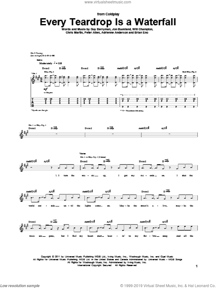 Every Teardrop Is A Waterfall sheet music for guitar (tablature) by Coldplay, Adrienne Anderson, Brian Eno, Chris Martin, Guy Berryman, Jon Buckland, Peter Allen and Will Champion, intermediate skill level