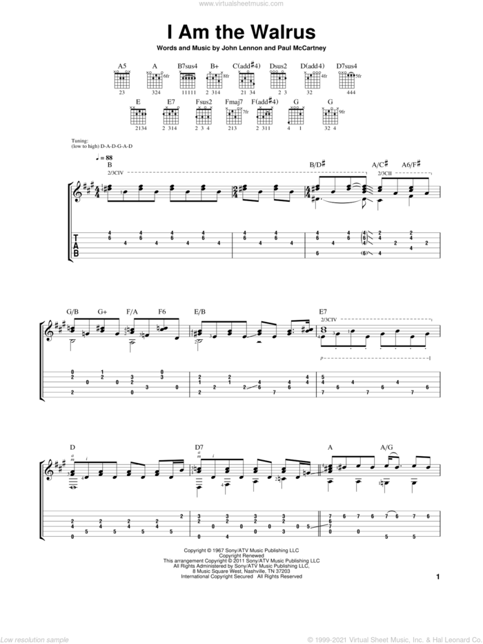 I Am The Walrus sheet music for guitar solo by The Beatles, Laurence Juber, John Lennon and Paul McCartney, intermediate skill level