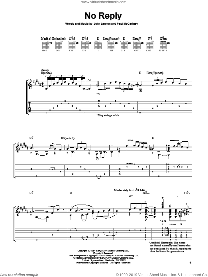 No Reply sheet music for guitar solo by The Beatles, Laurence Juber, John Lennon and Paul McCartney, intermediate skill level