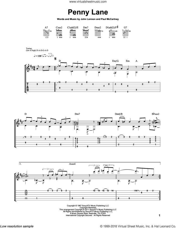 Penny Lane sheet music for guitar solo by The Beatles, Laurence Juber, John Lennon and Paul McCartney, intermediate skill level