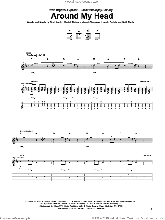 Around My Head sheet music for guitar (tablature) by Cage The Elephant, Brad Shultz, Daniel Tichenor, Jared Champion, Lincoln Parish and Matt Shultz, intermediate skill level