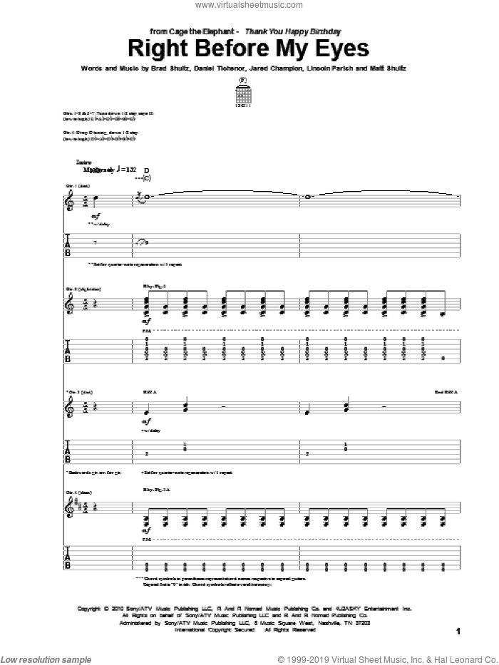 Right Before My Eyes sheet music for guitar (tablature) by Cage The Elephant, Brad Shultz, Daniel Tichenor, Jared Champion, Lincoln Parish and Matt Shultz, intermediate skill level