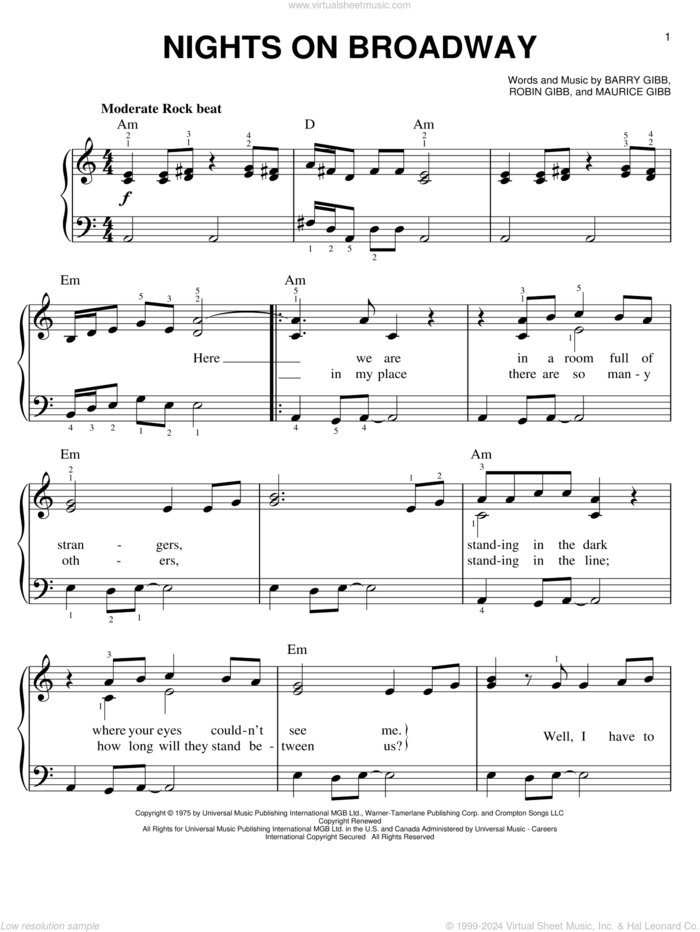 Nights On Broadway sheet music for piano solo by Bee Gees, Barry Gibb, Maurice Gibb and Robin Gibb, easy skill level