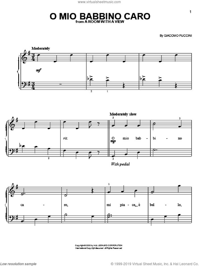 O Mio Babbino Caro, (easy) sheet music for piano solo by Giacomo Puccini, classical score, easy skill level