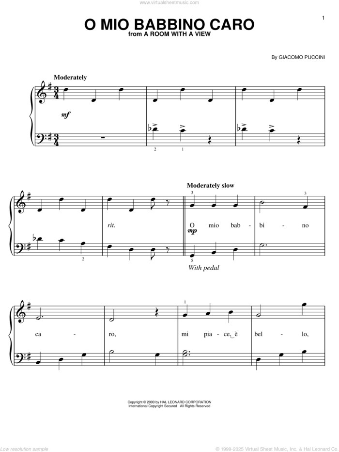 O Mio Babbino Caro, (easy) sheet music for piano solo by Giacomo Puccini, classical score, easy skill level
