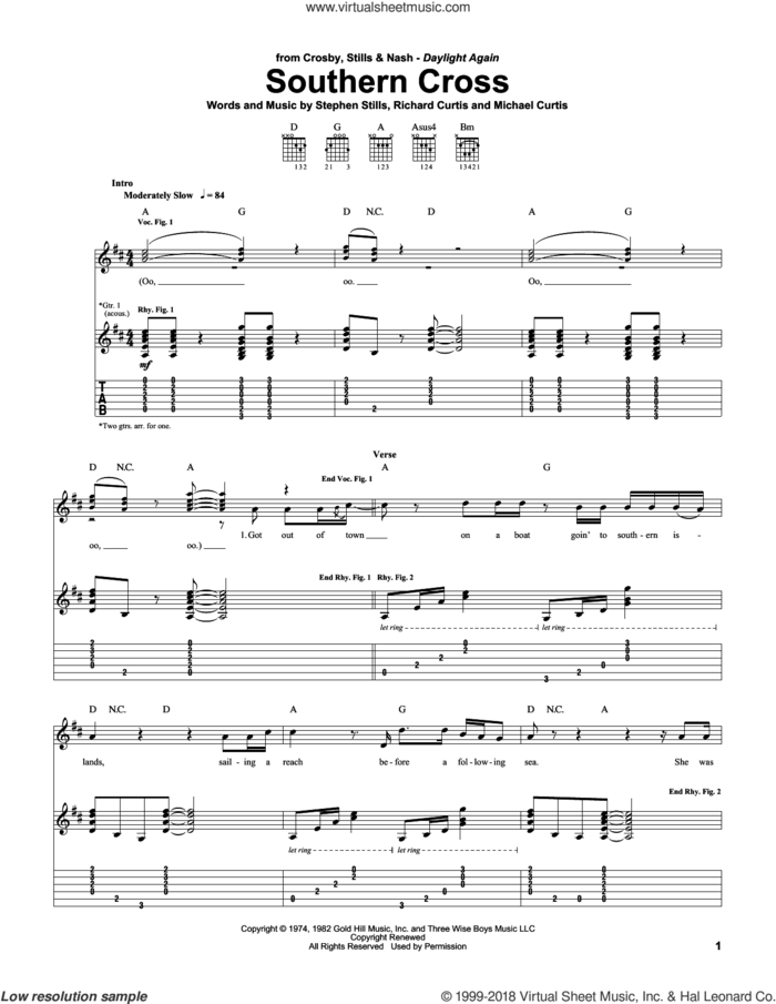 Southern Cross sheet music for guitar (tablature) by Crosby, Stills & Nash, Michael Curtis, Richard Curtis and Stephen Stills, intermediate skill level