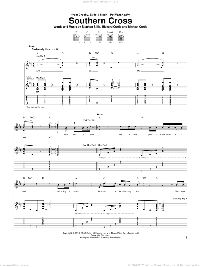 Southern Cross sheet music for guitar (tablature) by Crosby, Stills & Nash, Michael Curtis, Richard Curtis and Stephen Stills, intermediate skill level