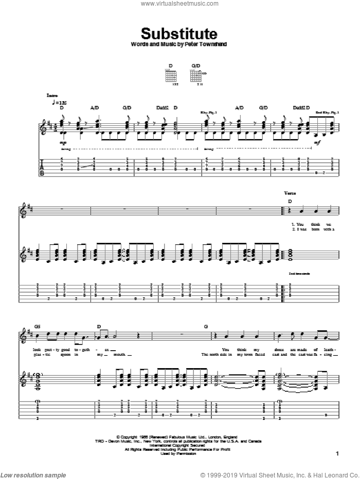 Substitute sheet music for guitar (tablature) by The Who and Pete Townshend, intermediate skill level