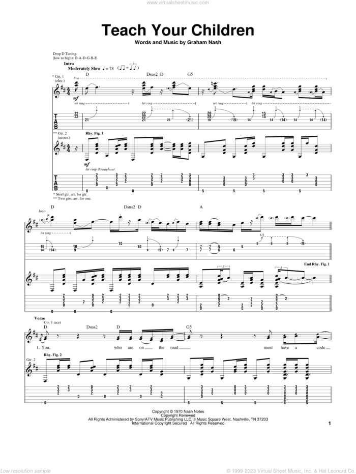 Teach Your Children sheet music for guitar (tablature) by Crosby, Stills, Nash & Young and Graham Nash, intermediate skill level