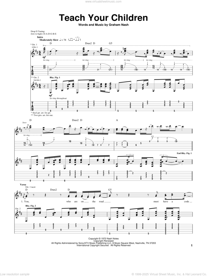 Teach Your Children sheet music for guitar (tablature) by Crosby, Stills, Nash & Young and Graham Nash, intermediate skill level